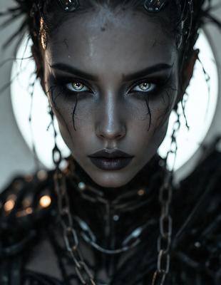 The primary subject of the image is a woman with a unique and striking appearance. She has a black and white face with black hair, and her eyes are painted with a dark, almost demonic, makeup. The setting is a dark room, and the visual style is a combination of a photo and digital art. The woman's face is the main focus of the image, and her striking appearance evokes a sense of mystery and intrigue.